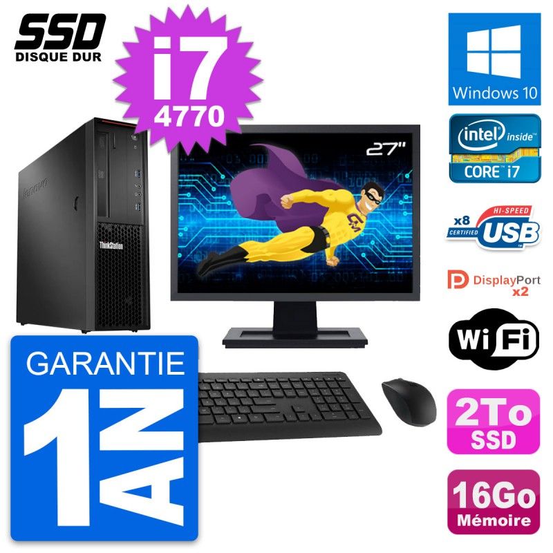 Lenovo P300 SFF Desktop Computer, 27" Screen, Intel Core i7-4770, 16GB RAM, 2TB SSD, Windows 10, WiFi