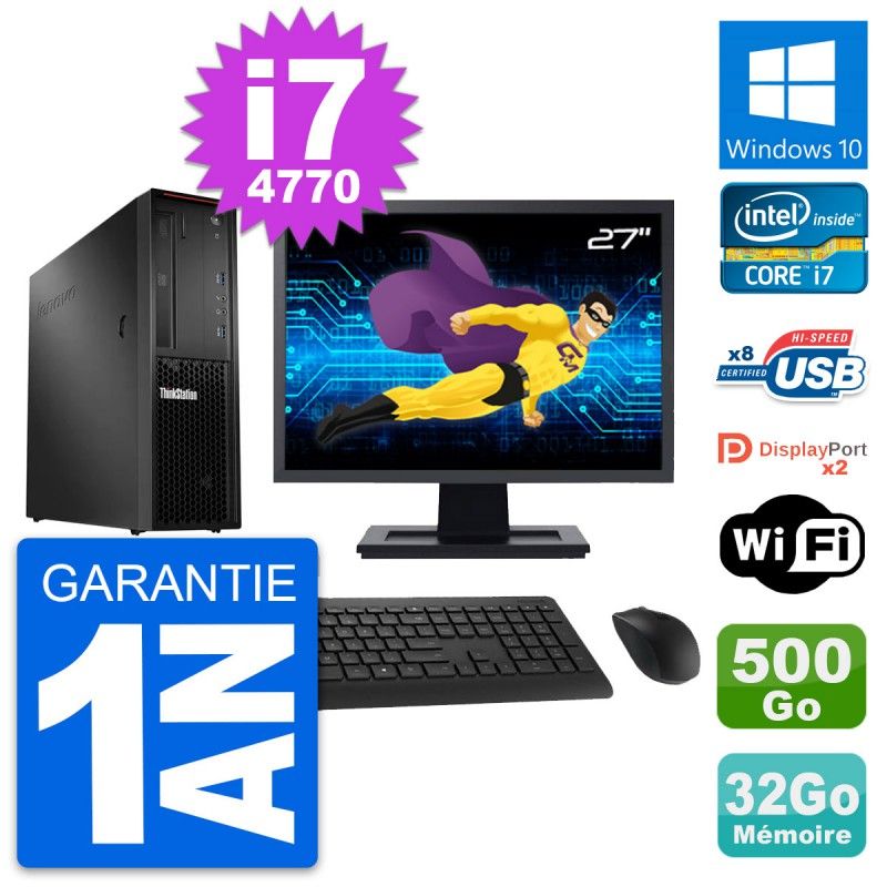 Lenovo P300 SFF Desktop Computer - 27" Display, Intel i7-4770, 32GB RAM, 500GB HDD, Windows 10, WiFi