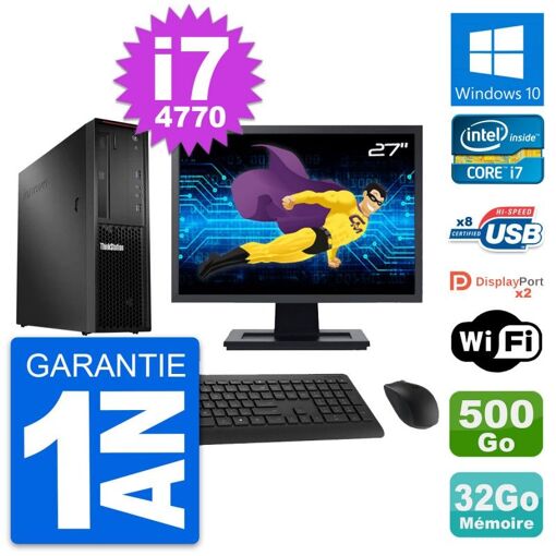 Computadora de escritorio Lenovo P300 SFF - Pantalla de 27", Intel i7-4770, 32 GB de RAM, 500 GB HDD, Windows 10, WiFi