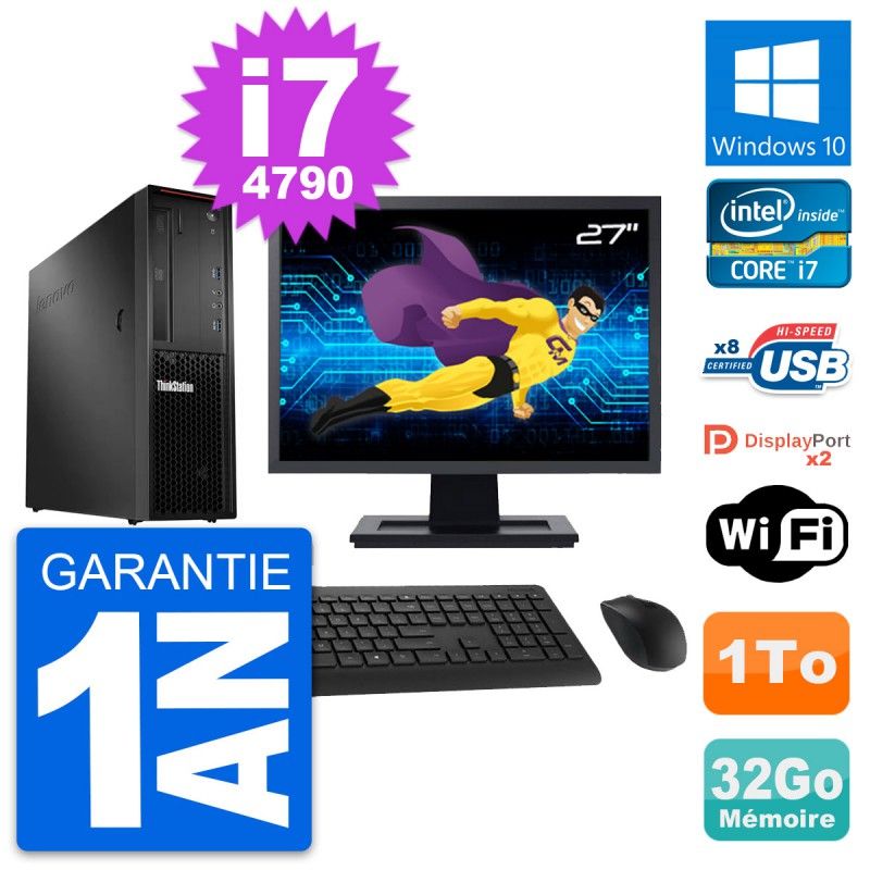 Lenovo P300 SFF Desktop Computer - 27" Screen, Intel i7-4790, 32GB RAM, 1TB Storage, Windows 10