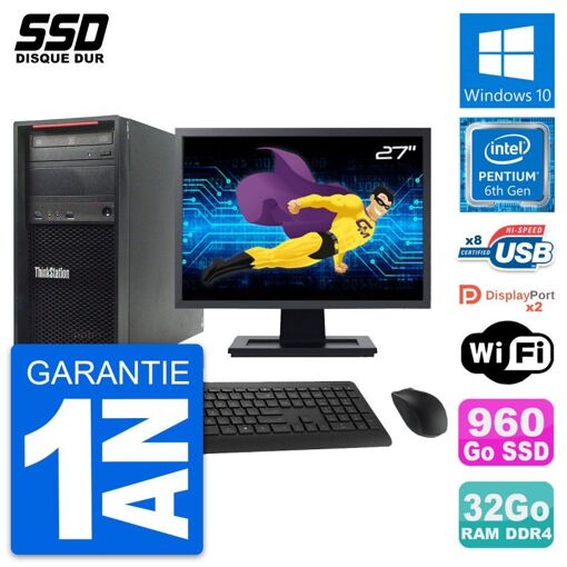 Lenovo ThinkStation P320 MT con Pantalla de 27", Intel G4400, 32GB de RAM, 960GB SSD, Windows 10, WiFi