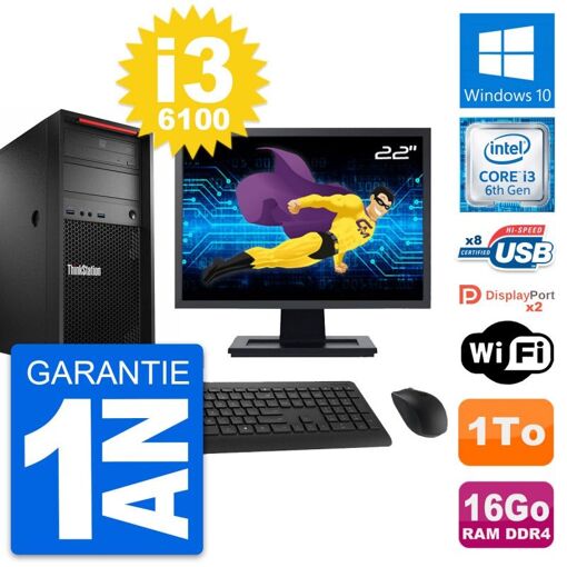 PC de escritorio Lenovo P320 - Pantalla de 22 pulgadas, Intel i3-6100, 16 GB de RAM, 1 TB de almacenamiento, Windows 10, Wi-Fi