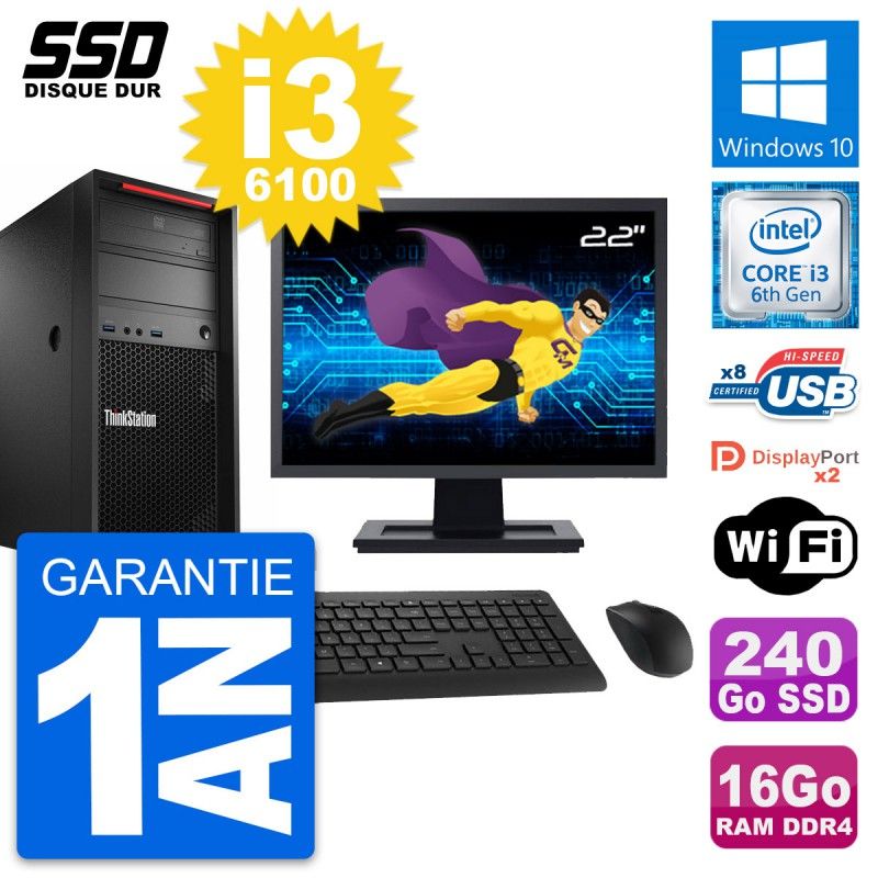 Lenovo ThinkStation P320 MT 22" Screen, Core i3-6100, 16GB RAM, 240GB SSD, Windows 10, Wifi