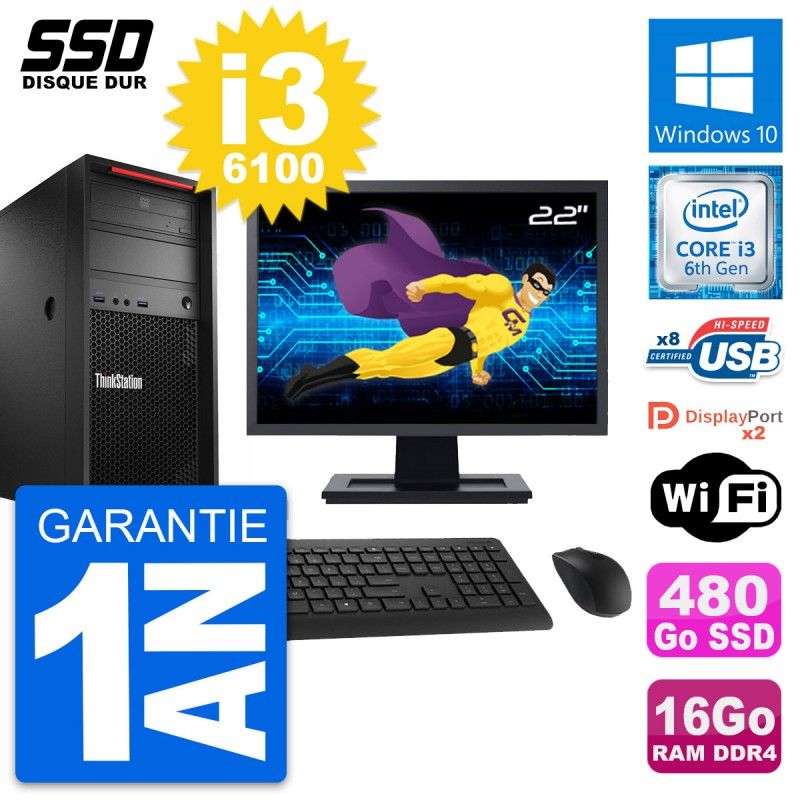 Lenovo P320 MT Desktop Computer - 22" Screen, Intel Core i3-6100, 16GB RAM, 480GB SSD, Windows 10, WiFi