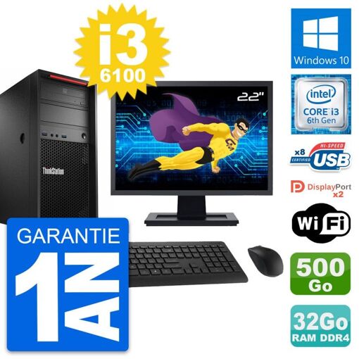 Estación de trabajo Lenovo P320, Monitor de 22', Core i3-6100, 32GB RAM, 500GB HDD, Windows 10, WiFi