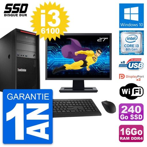Estación de trabajo Lenovo P320 MT, pantalla de 27', Intel Core i3-6100, 16 GB RAM, 240 GB SSD, Windows 10, Wifi