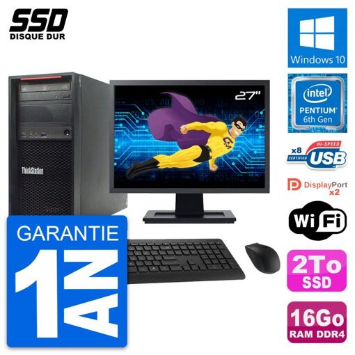 Estación de trabajo Lenovo ThinkStation P310 MT - Pantalla de 27", Procesador Intel Pentium G4400, 16 GB de RAM, 2 TB SSD, Windows 10, WiFi