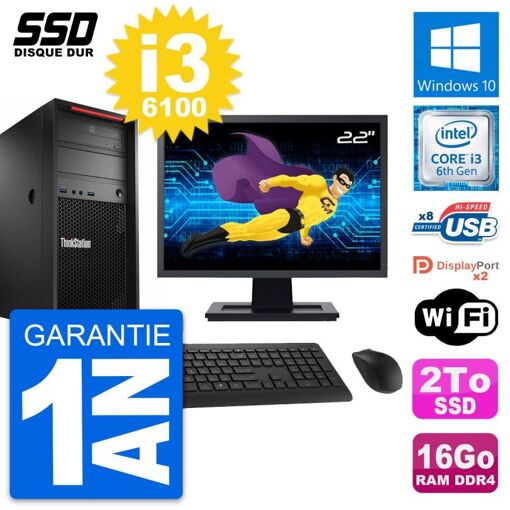 Estación de trabajo Lenovo P310 MT, pantalla de 22', Intel i3-6100, 16GB RAM, 2TB SSD, Windows 10, WiFi
