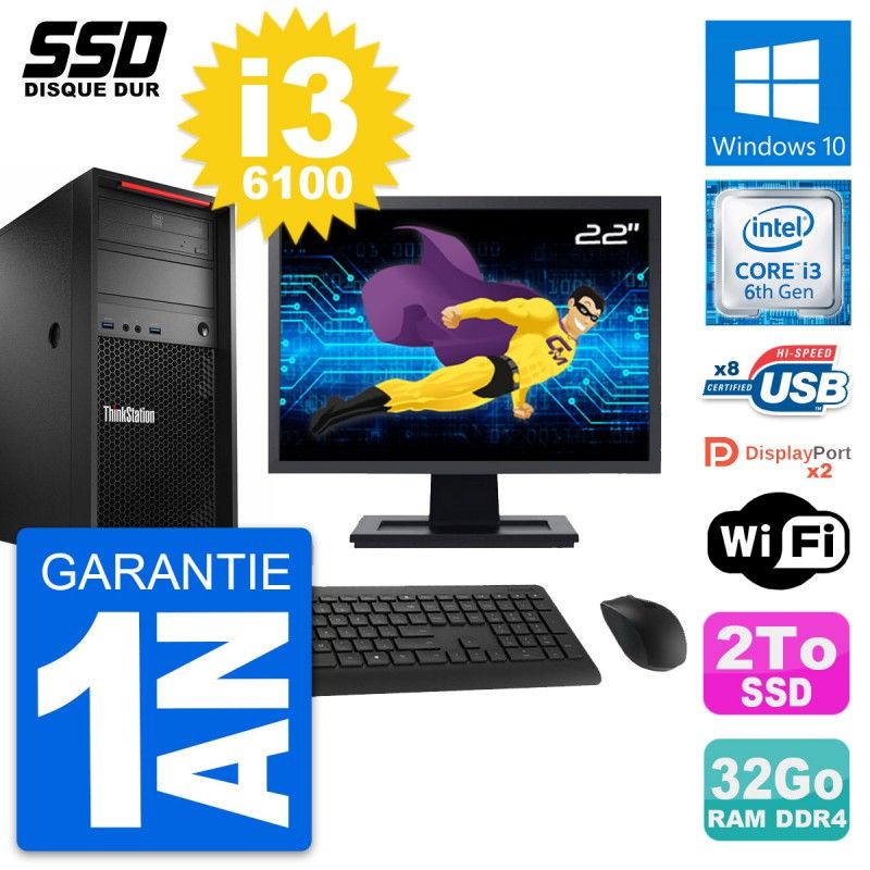 Lenovo P310 MT Desktop PC - 22" Screen, Intel i3-6100, 32GB RAM, 2TB SSD, Windows 10, Wifi