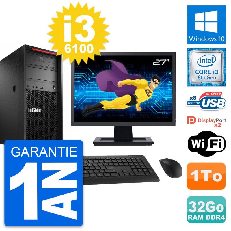 Lenovo P310 27" Screen, Intel i3-6100, 32GB RAM, 1TB HDD, Windows 10, WiFi