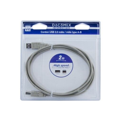 Cable Blister USB 2.0 DACOMEX Tipo A-B de TPE - 2 m