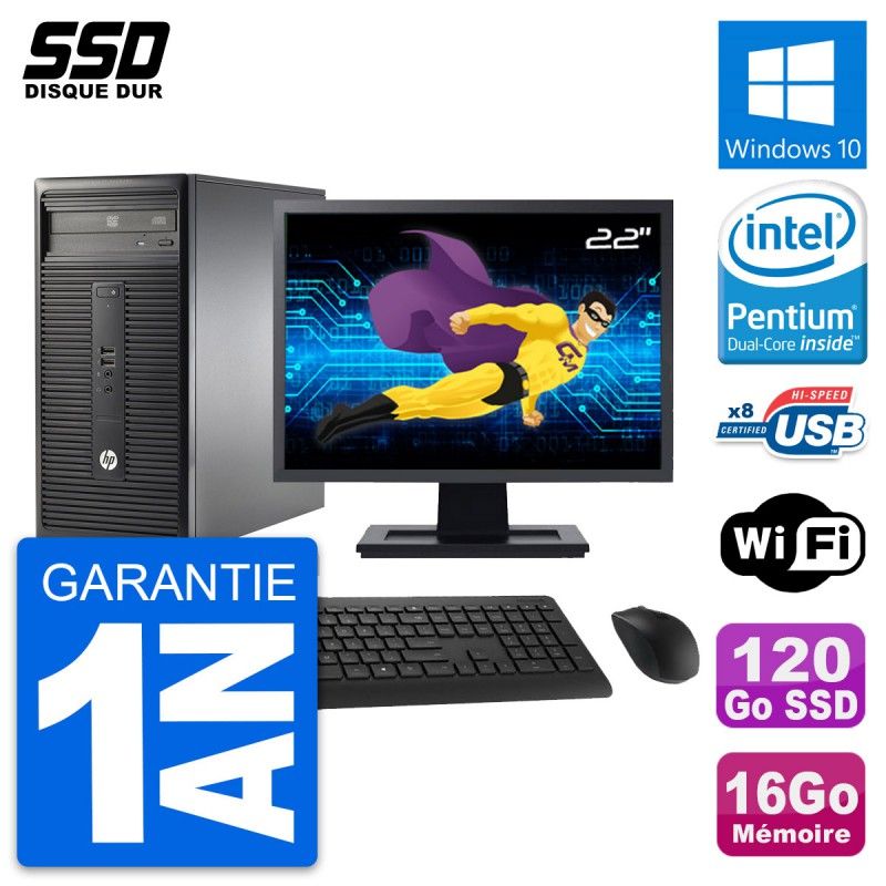 HP 280 G1 MT Desktop PC - 22" Screen, Intel Pentium G3220, 16GB RAM, 120GB SSD, Windows 10, WiFi