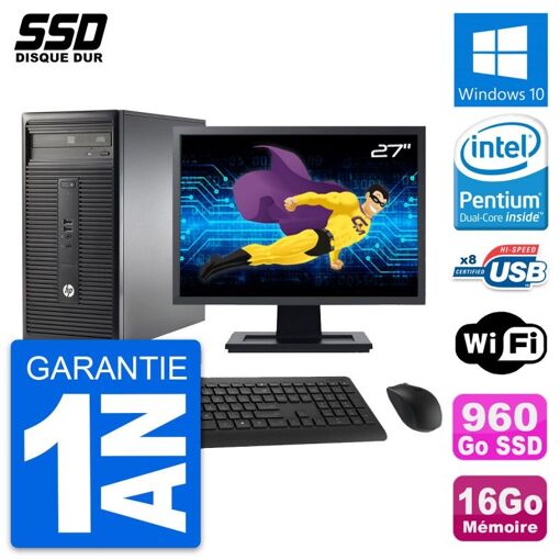 PC de escritorio HP 280 G1 MT - Pantalla de 27', Procesador Pentium G3220, 16GB de RAM, 960GB SSD, Windows 10, WiFi