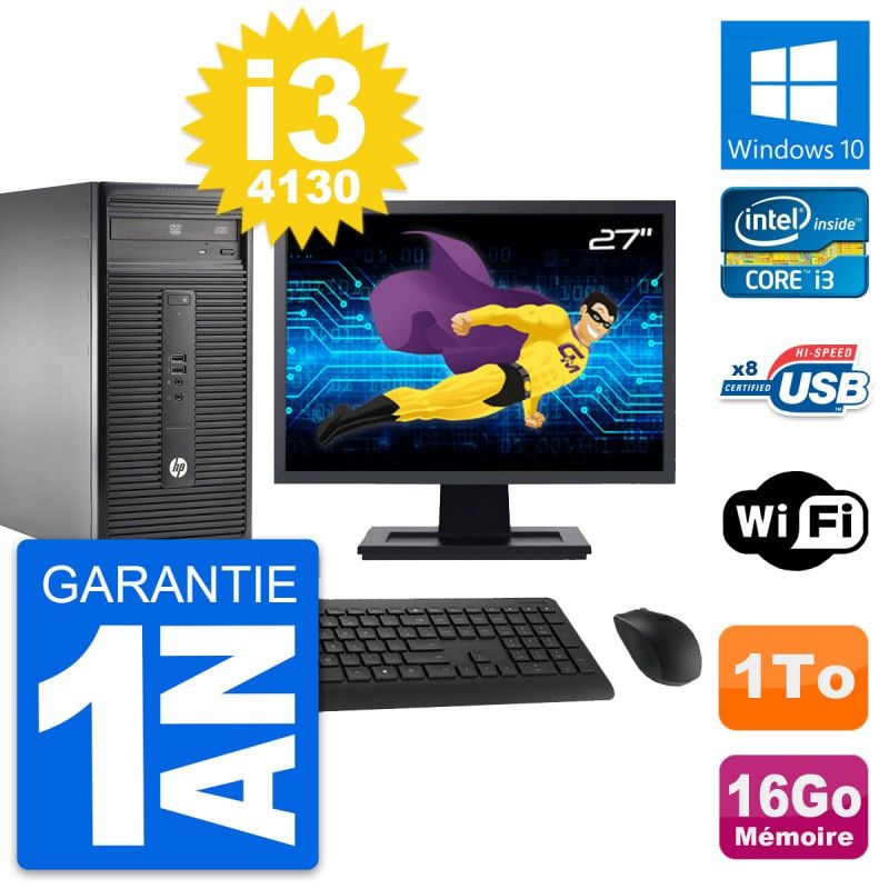 HP 280 G1 MT Desktop PC - 27" Screen, Core i3-4130, 16GB RAM, 1TB HDD, Windows 10, WiFi