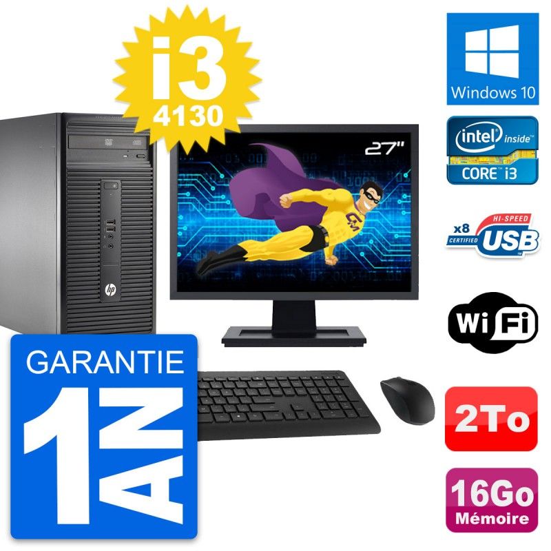 HP 280 G1 MT Desktop Computer - 27" Screen, Intel Core i3-4130, 16GB RAM, 2TB Storage, Windows 10