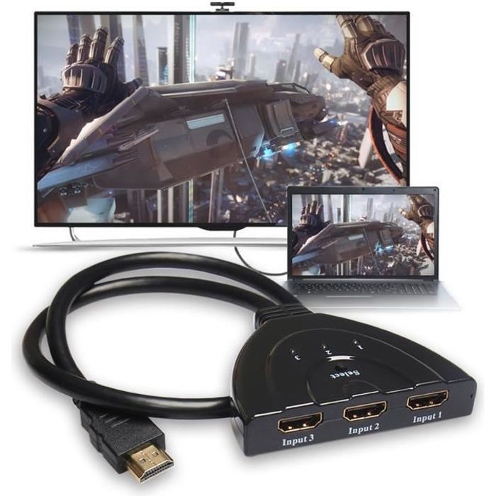 Adaptateur de commutation 3 en 1 Vococal avec câble HDMI automatique, extendeur et séparateur avec câble HDTV noir