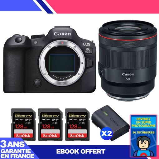 Cámara Canon EOS R6 Mark II + Objetivo RF 50mm f/1.2 L USM + 3 Tarjetas de memoria SanDisk 128GB Extreme PRO UHS-II SDXC 300 MB/s + 2 Baterías Canon LP-E6NH + Ebook 'Conviértete en un Fotógrafo Super'