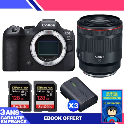 Cámara Canon EOS R6 Mark II cuerpo sólo + objetivo RF 50mm f/1.2 L USM + 3 tarjetas SanDisk 128GB Extreme PRO UHS-II SDXC 300 MB/s + 3 baterías Canon LP-E6NH + ebook 'Conviértete en un superfotógrafo'
