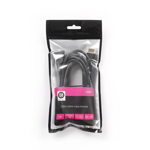 D2 Diffusion 3m HDMI Male to Female Extension Cable, Black, Gold Plated, 4K, AWG 30