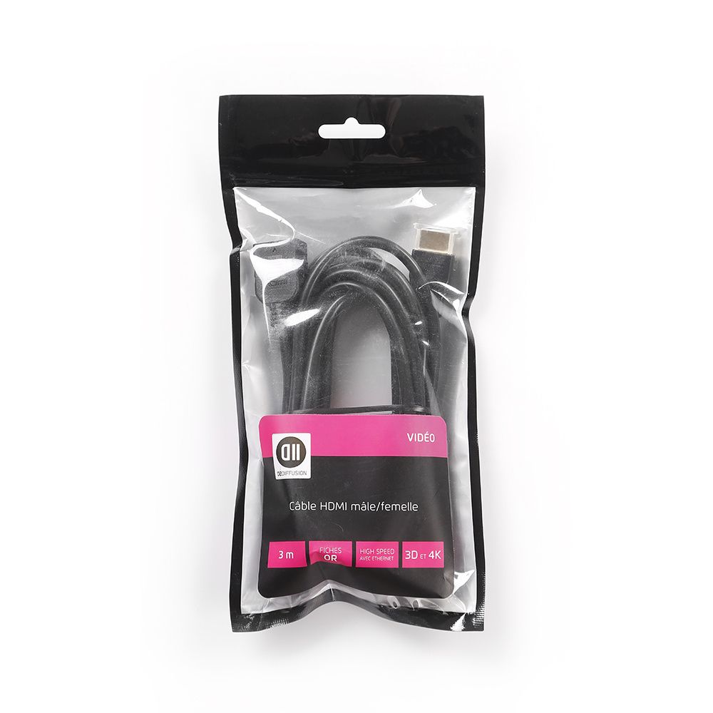 D2 Diffusion 3m HDMI Male to Female Extension Cable, Black, Gold Plated, 4K, AWG 30