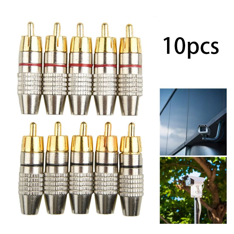 Golden RCA Male Adapter, 10 Pieces, Solderless Connector for Audio Video CCTV Security Camera Coaxial Cable Converter