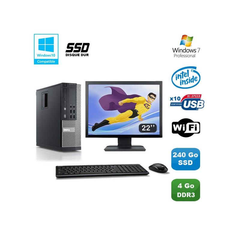 Dell Optiplex 790 SFF PC - Intel G840 2.8GHz, 4GB RAM, 240GB SSD, WiFi, Windows 7 Pro + 22" Screen