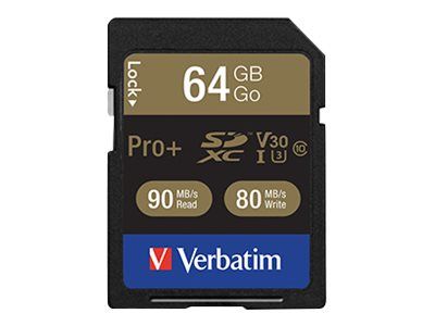 Tarjeta de memoria flash Verbatim PRO+ 64 GB, clase UHS 3/Clase 10 SDXC UHS-I