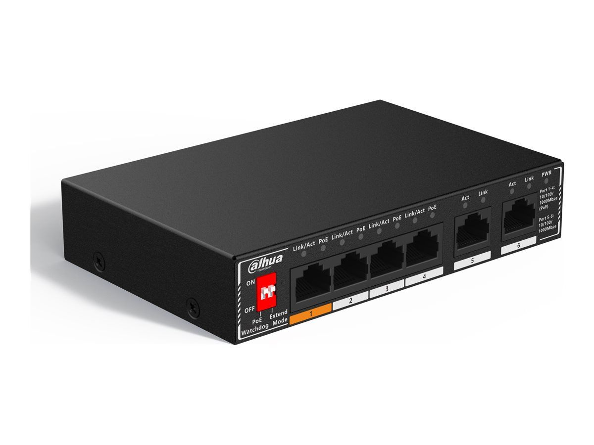 Dahua SG1006P - Switch - Unmanaged - 1x 10/100/1000 (High PoE) + 3x 10/100/1000 (PoE) + 2x 10/100/1000 (Uplink) - Desk & Wall Mountable - High PoE / PoE (60W)