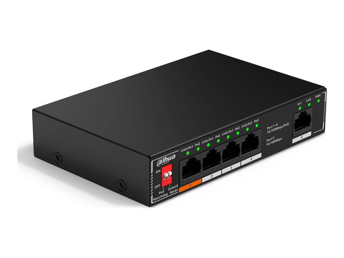 Dahua SF1005P Switch - Unmanaged - 4 x 10/100 (High PoE) + 1 x 10/100/1000 (uplink) - Desktop, Wall Mount