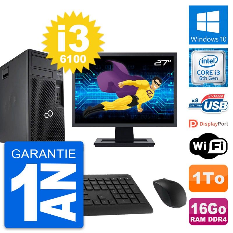 Fujitsu P557 27-inch PC Tower - i3-6100, 16GB RAM, 1TB HDD, Windows 10, WiFi