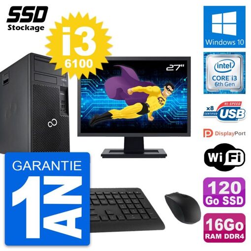 Torre PC Fujitsu P557 - 27 pulgadas, Intel i3-6100, 16 GB de RAM, 120 GB SSD, Windows 10, WiFi