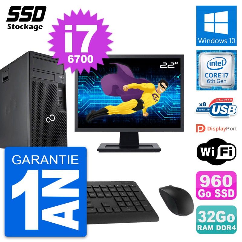 Fujitsu P557 22-inch PC Tower - Intel i7-6700, 32GB RAM, 960GB SSD, Windows 10, WiFi