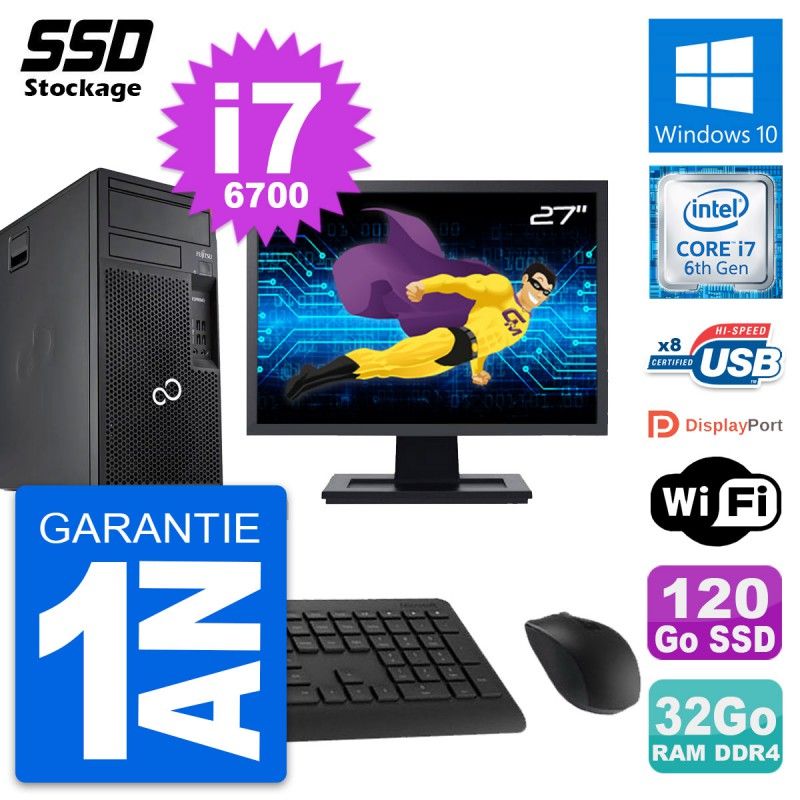 Fujitsu P557 27-inch PC Tower - Intel i7-6700, 32GB RAM, 120GB SSD, Windows 10, WiFi