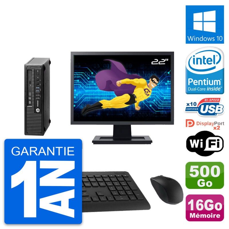 HP Mini PC 800 G1 USDT with 22" Screen, 16GB RAM, 500GB Hard Drive, Windows 10, WiFi