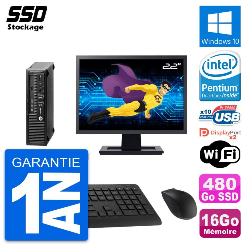 HP Mini PC 800 G1 USDT, 22" Screen, Intel G3220, 16GB RAM, 480GB SSD, Windows 10, WiFi