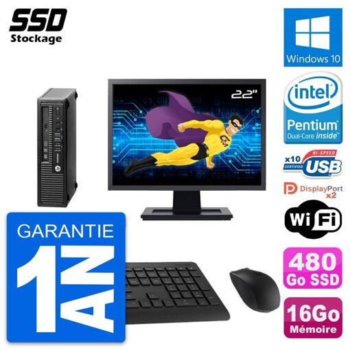 HP Mini PC 800 G1 USDT, 22" Screen, Intel G3220, 16GB RAM, 480GB SSD, Windows 10, WiFi