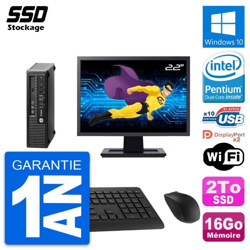 HP Mini PC 800 G1 USDT with 22" Screen, Pentium G3220, 16GB RAM, 2TB SSD, Windows 10, Wifi