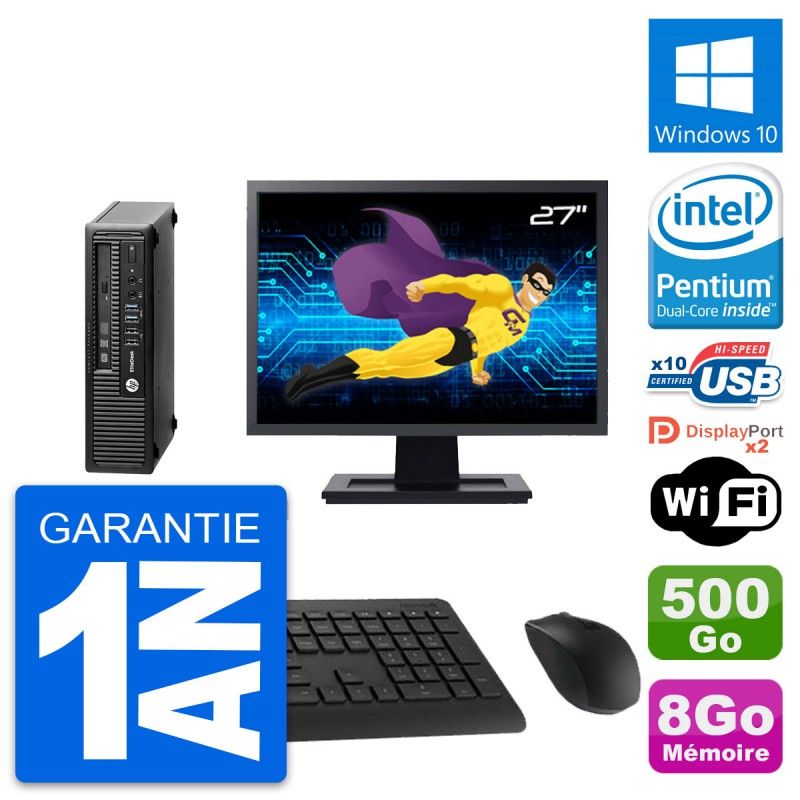 HP Mini PC 800 G1 USDT with 27" Screen, 8GB RAM, 500GB HDD, Windows 10, WiFi