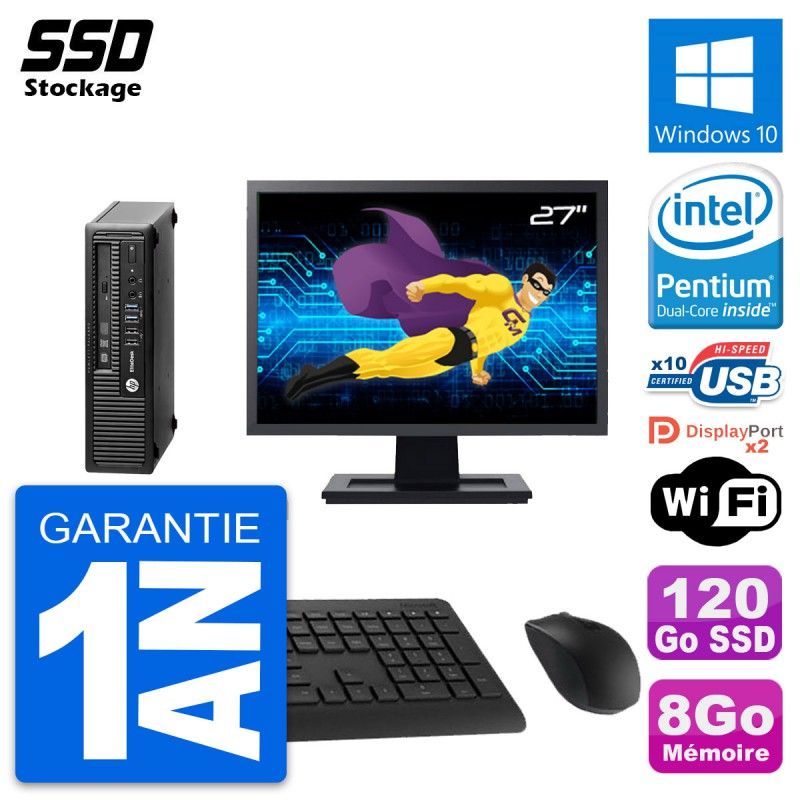 HP Mini PC 800 G1 USDT with 27" Screen, Intel G3220, 8GB RAM, 120GB SSD, Windows 10, Wifi