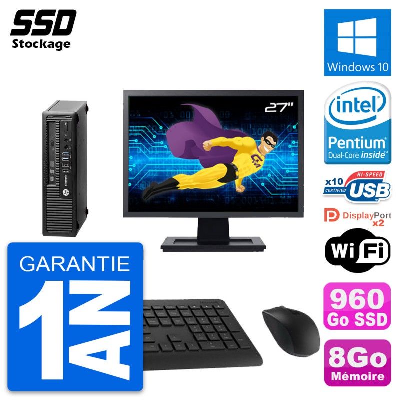 HP Mini PC 800 G1 USDT, 27" Screen, Intel Core i3-4160T, 8GB RAM, 960GB SSD, Windows 10, WiFi