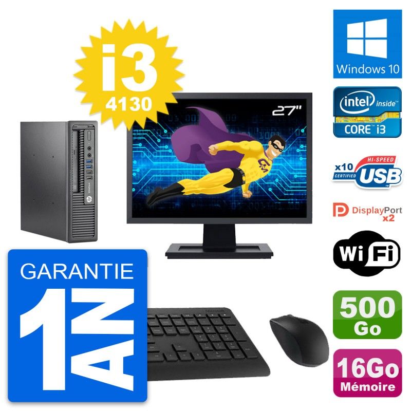 HP Mini PC 800 G1 USDT with 27" Screen, i3-4130, 16GB RAM, 500GB HDD, Windows 10, WiFi