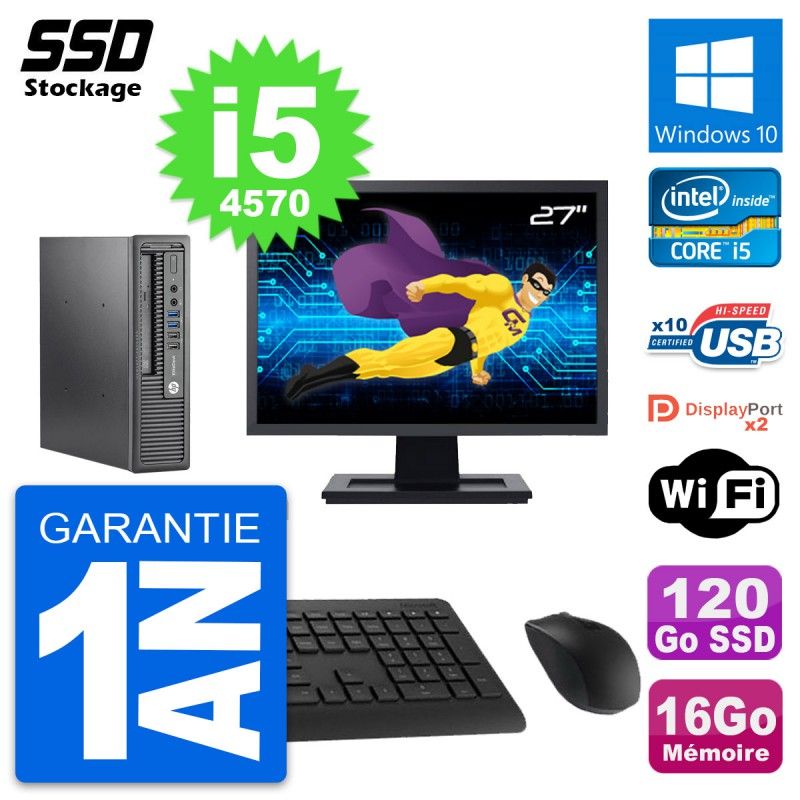 HP Mini PC 800 G1 USDT with 27" Screen, Core i5-4570, 16GB RAM, 120GB SSD, Windows 10, Wifi