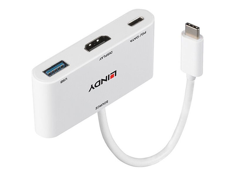 Lindy Video Adapter - USB-C to HDMI, USB Type A & USB-C (Power Only) - 18cm - White - Supports Power Delivery 3.0 and 4K30Hz