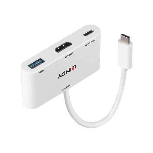Adaptateur vidéo Lindy - USB-C vers HDMI, USB type A et USB-C (alimentation uniquement) - 18 cm - Blanc - Prend en charge la livraison d'énergie 3.0 et 4K30Hz