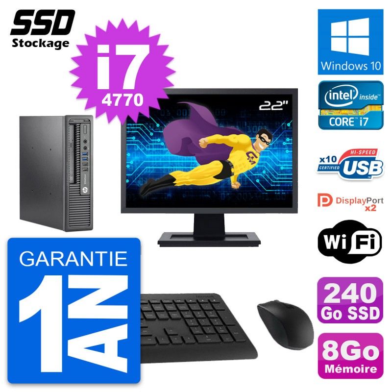 HP Mini PC 800 G1 USDT, 22" Screen, Intel i7-4770, 8GB RAM, 240GB SSD, Windows 10, Wifi
