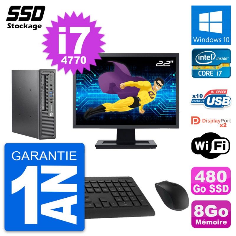 HP Mini PC 800 G1 USDT 22" Screen, Intel i7-4770, 8GB RAM, 480GB SSD, Windows 10, WiFi