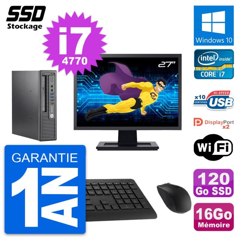 HP Mini PC 800 G1 USDT with 27" Screen, Core i7-4770, 16GB RAM, 120GB SSD, Windows 10, WiFi