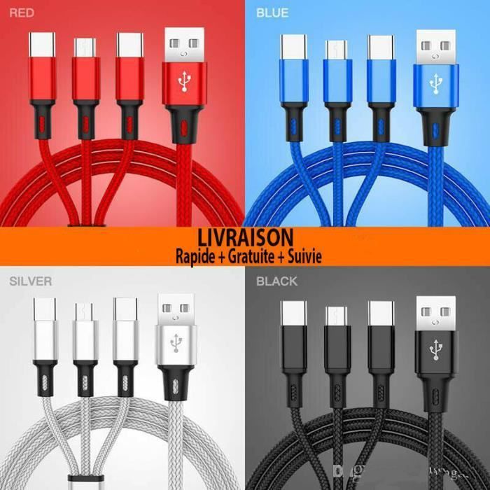 Cable de carga USB 3 en 1 de ISONIX para Samsung iPhone X/XS/XR/8/7, Tipo C, iOS, Micro USB (Plata)