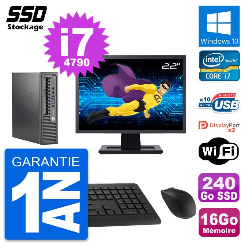 HP Mini PC 800 G1 USDT with 22" Screen, Core i7-4790, 16GB RAM, 240GB SSD, Windows 10, Wifi