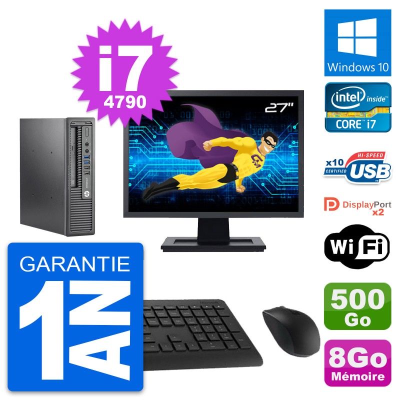 HP Mini PC 800 G1 USDT with 27" Screen, i7-4790, 8GB RAM, 500GB HDD, Windows 10, WiFi
